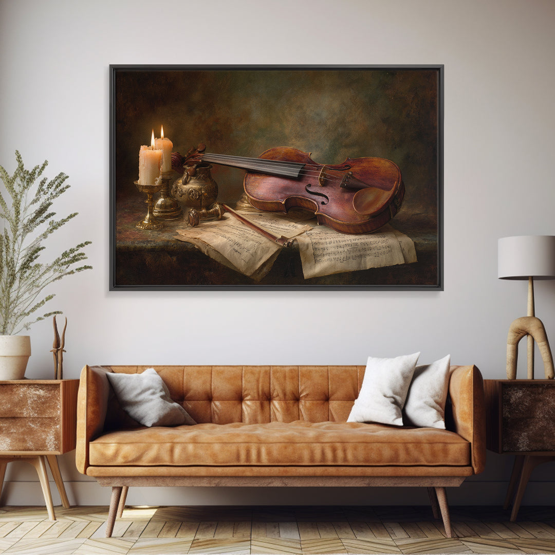 Baroque Violin and Sheet Music Still Life Framed Canvas Print, Baroque Art, Whimsical Decor, Living Room Decor, Ornate, BAO-3x2-39