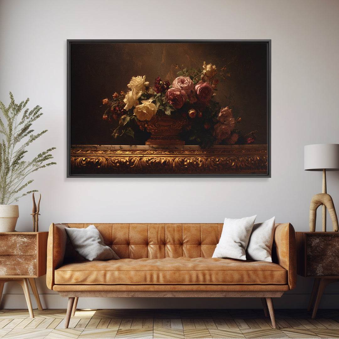 Golden Harp and Roses Framed Canvas Print, Baroque Art, Painting, Living Room Decor, Fine Art, Ornate, Living Room Wall Art, BAO-3x2-46