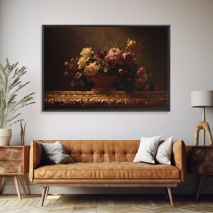 Golden Harp and Roses Framed Canvas Print, Baroque Art, Painting, Living Room Decor, Fine Art, Ornate, Living Room Wall Art, BAO-3x2-46