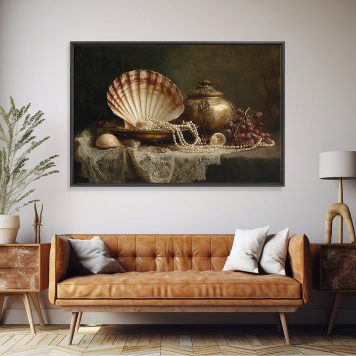 Ornamental Shell and Pearl Composition Framed Canvas Print, Baroque Art, Decor, Living Room Decor, Oil Painting, Ornate, BAO-3x2-50