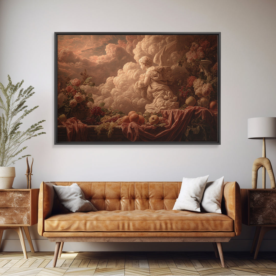 Ornate Cherub Figure Surrounded by Clouds and Canvas Print, Baroque Art, Printable Wall Art, Living Room Decor, Ornate, BAO-3x2-54