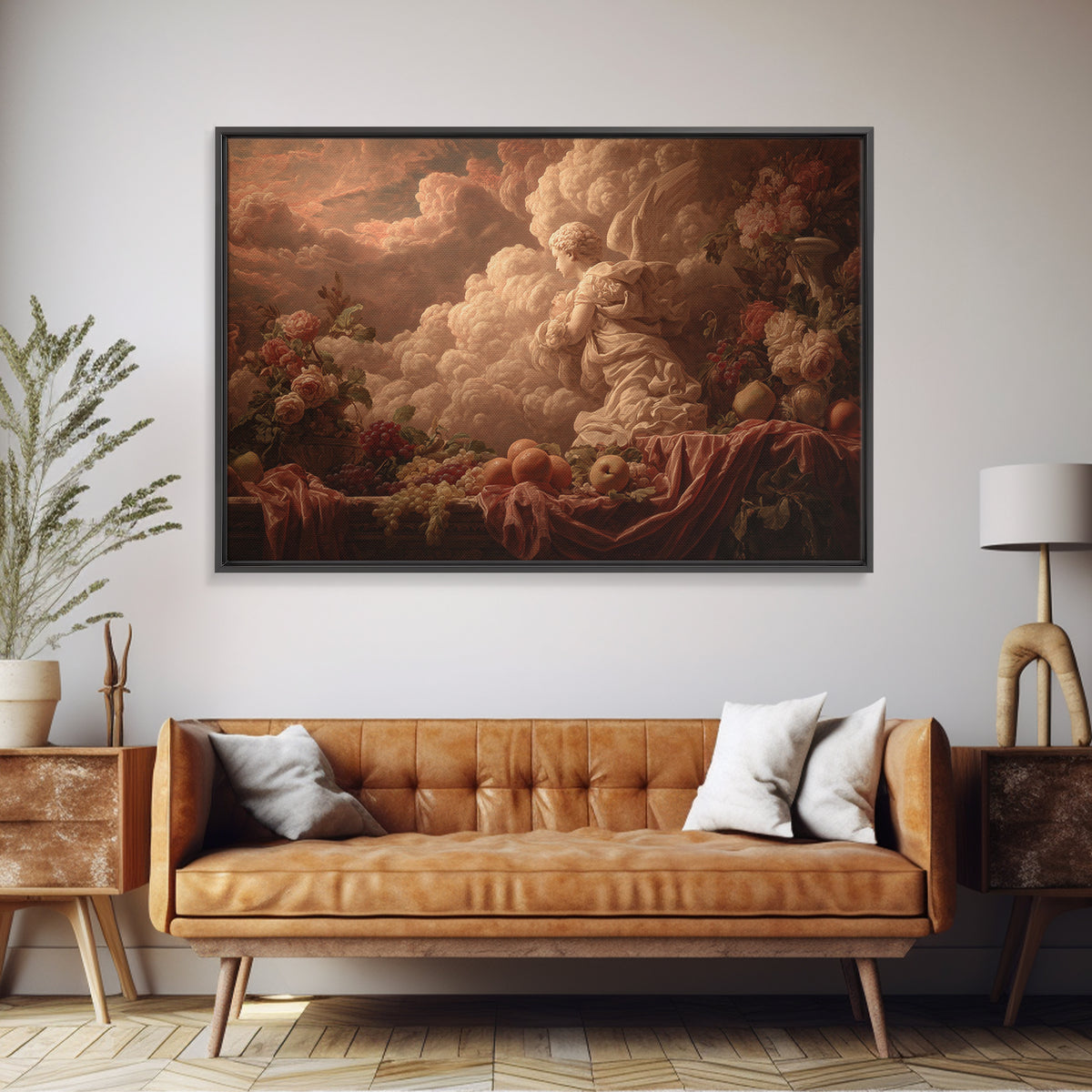Ornate Cherub Figure Surrounded by Clouds and Canvas Print, Baroque Art, Printable Wall Art, Living Room Decor, Ornate, BAO-3x2-54