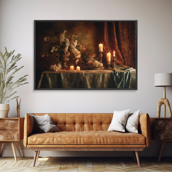 Velvet Drapery with Pearls Flowers and Candlelight Canvas Print, Baroque Art, Maximalist Wall Art, Living Room Decor, Ornate, BAO-3x2-55