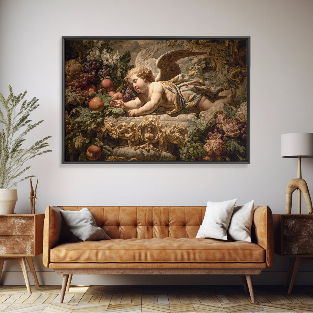 Ornate Cherub Figure Surrounded by Clouds and Framed Canvas Print, Baroque Art, Contemporary Art, Living Room Decor, Ornate, BAO-3x2-6