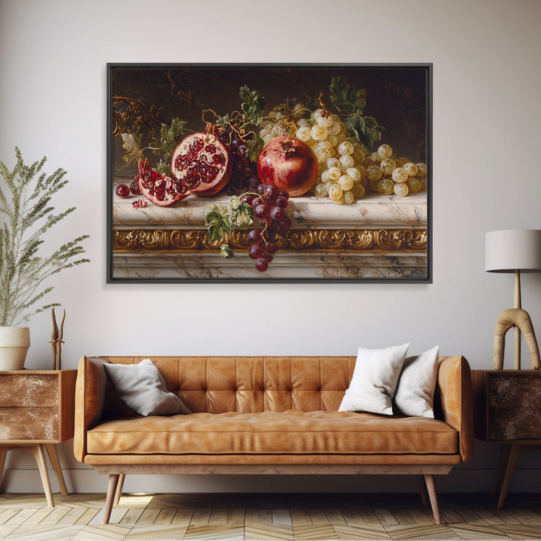Pomegranate and Grapes on a Marble Ledge Framed Canvas Print, Baroque Art, Whimsical Decor, Living Room Decor, Fine Art, Ornate, BAO-3x2-60