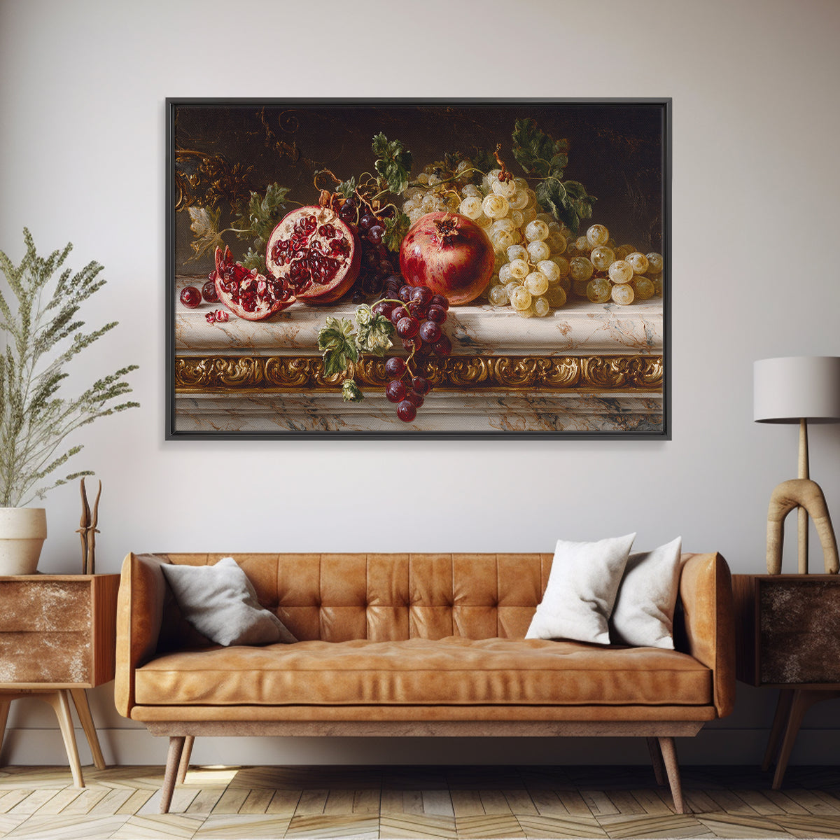 Pomegranate and Grapes on a Marble Ledge Framed Canvas Print, Baroque Art, Whimsical Decor, Living Room Decor, Fine Art, Ornate, BAO-3x2-60