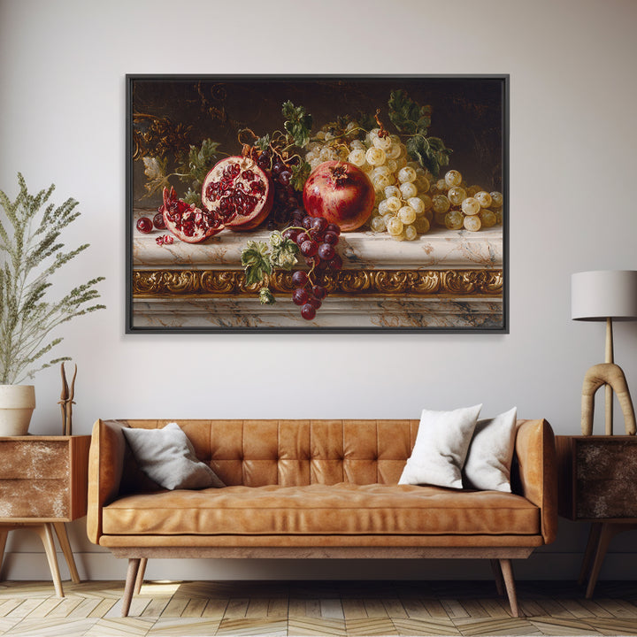 Pomegranate and Grapes on a Marble Ledge Framed Canvas Print, Baroque Art, Whimsical Decor, Living Room Decor, Fine Art, Ornate, BAO-3x2-60