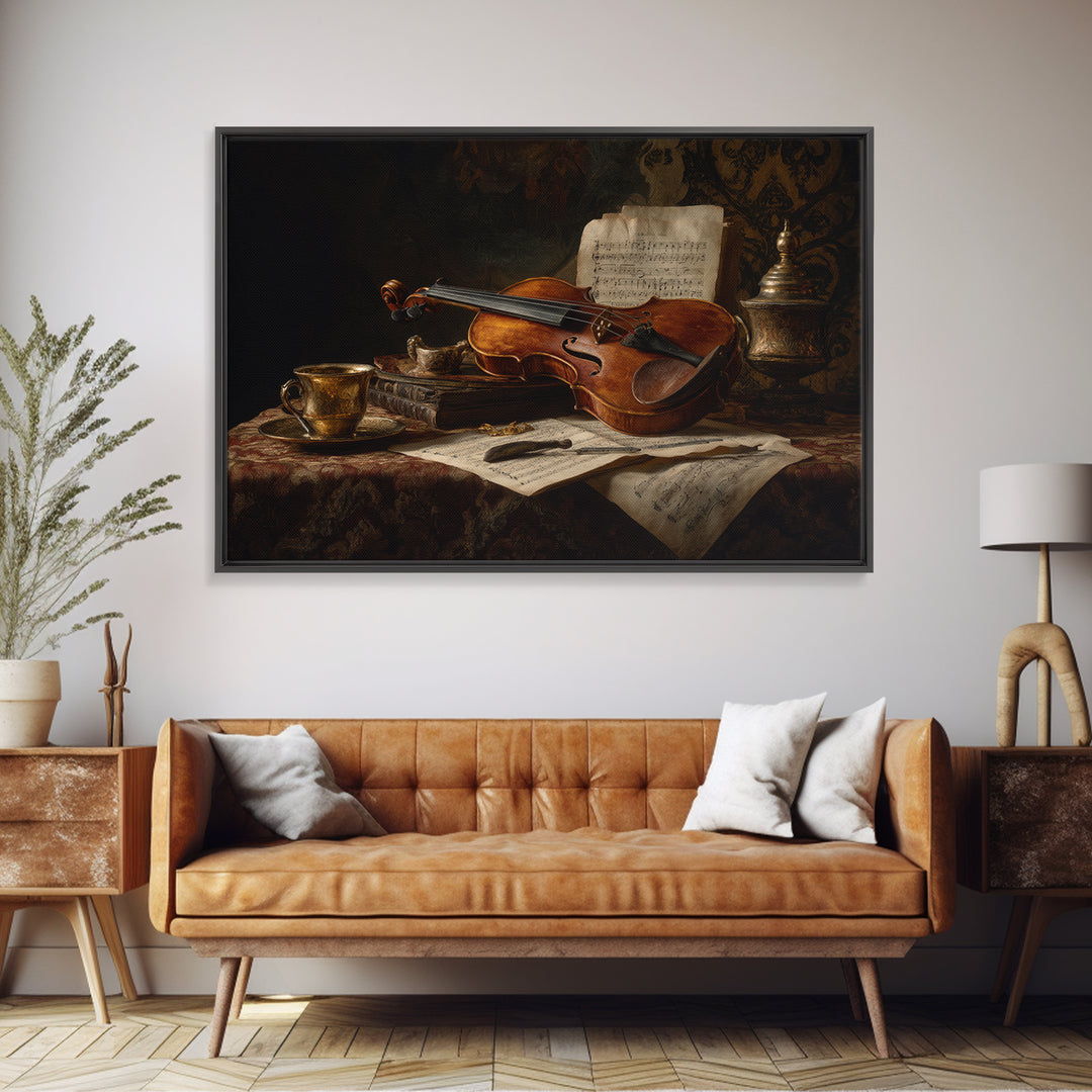 Baroque Violin and Sheet Music Still Life Framed Canvas Print, Baroque Art, Neutral Decor, Living Room Decor, Fine Art, Ornate, BAO-3x2-63