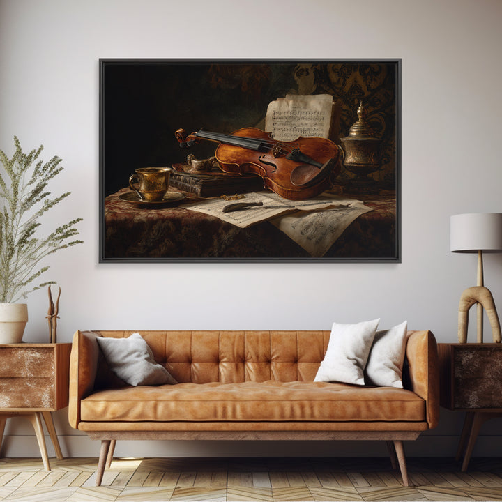 Baroque Violin and Sheet Music Still Life Framed Canvas Print, Baroque Art, Neutral Decor, Living Room Decor, Fine Art, Ornate, BAO-3x2-63