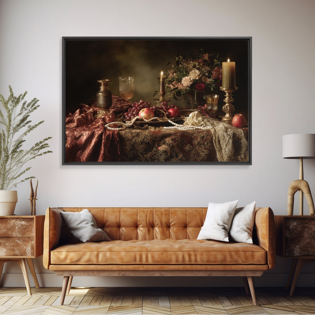 Velvet Drapery with Pearls Flowers and Candlelight Canvas Print, Baroque Art, Maximalist Wall Art, Living Room Decor, Ornate, BAO-3x2-7