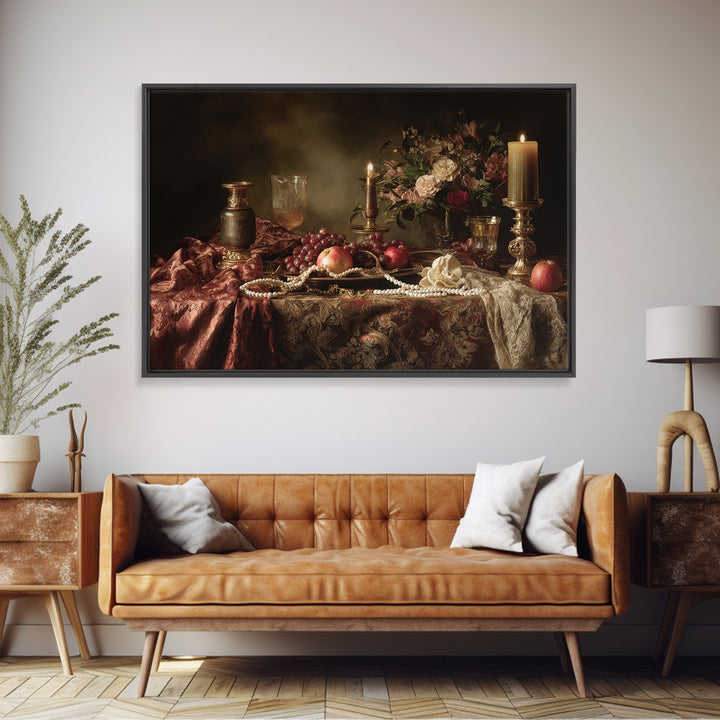 Velvet Drapery with Pearls Flowers and Candlelight Canvas Print, Baroque Art, Maximalist Wall Art, Living Room Decor, Ornate, BAO-3x2-7