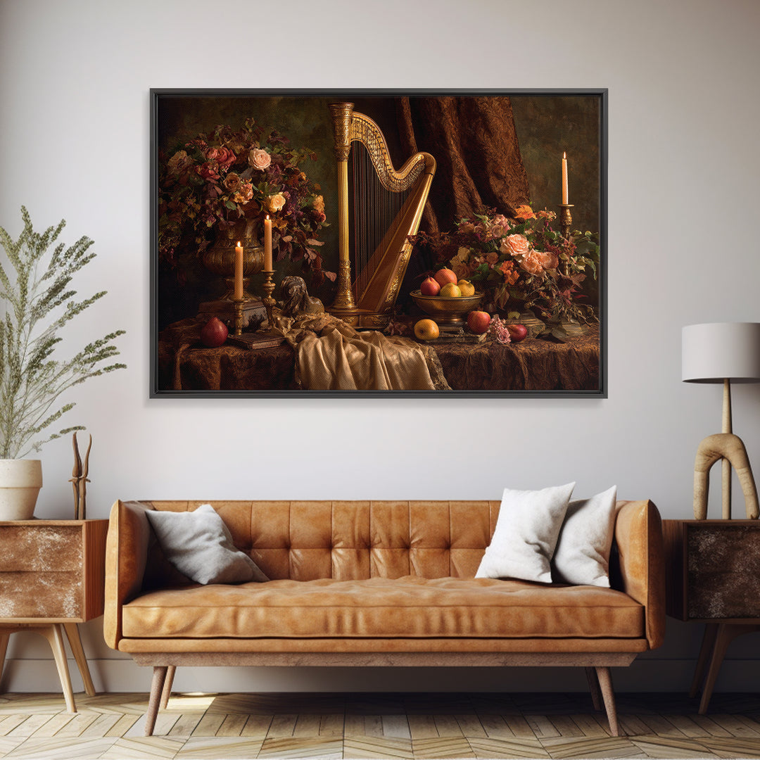 Golden Harp and Roses Framed Canvas Print, Baroque Art, Painting, Living Room Decor, Fine Art, Ornate, Living Room Wall Art, BAO-3x2-70