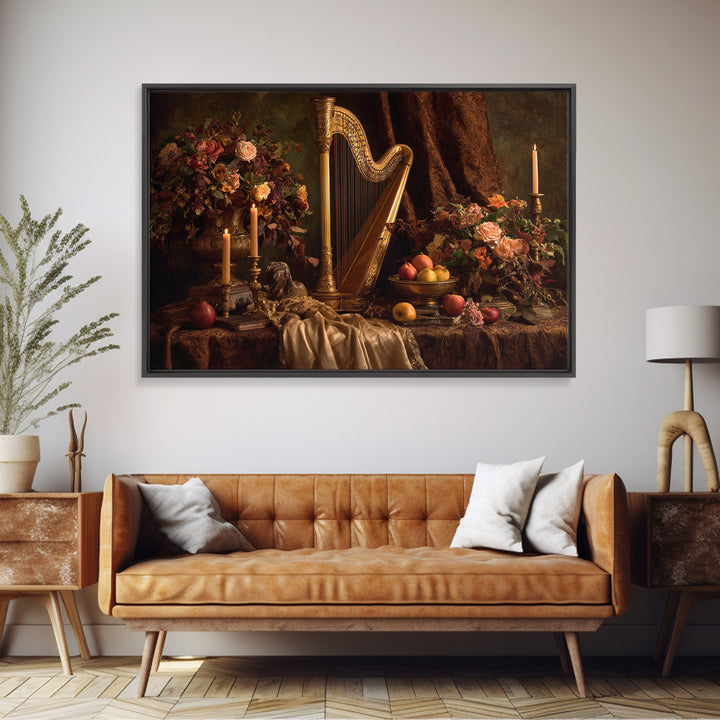 Golden Harp and Roses Framed Canvas Print, Baroque Art, Painting, Living Room Decor, Fine Art, Ornate, Living Room Wall Art, BAO-3x2-70