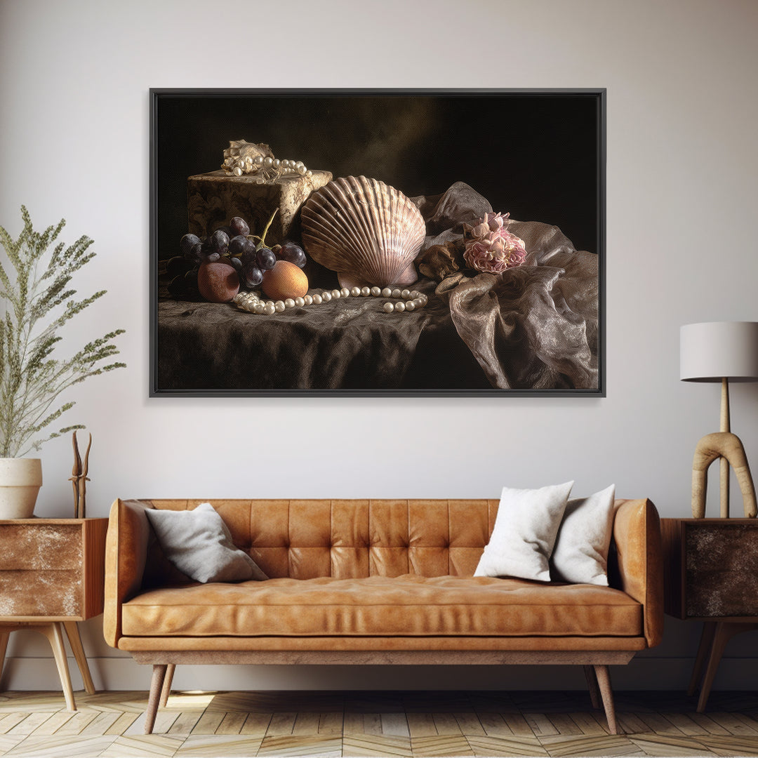 Ornamental Shell and Pearl Composition Framed Canvas Print, Baroque Art, Decor, Living Room Decor, Oil Painting, Ornate, BAO-3x2-74