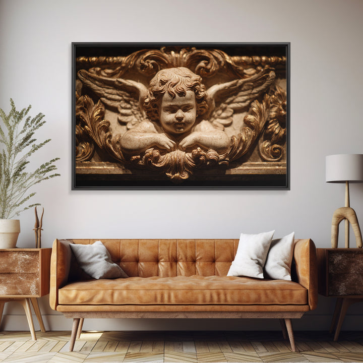 Ornate Cherub Figure Surrounded by Clouds and Framed Canvas Print, Baroque Art, Whimsical Decor, Living Room Decor, Ornate, BAO-3x2-78