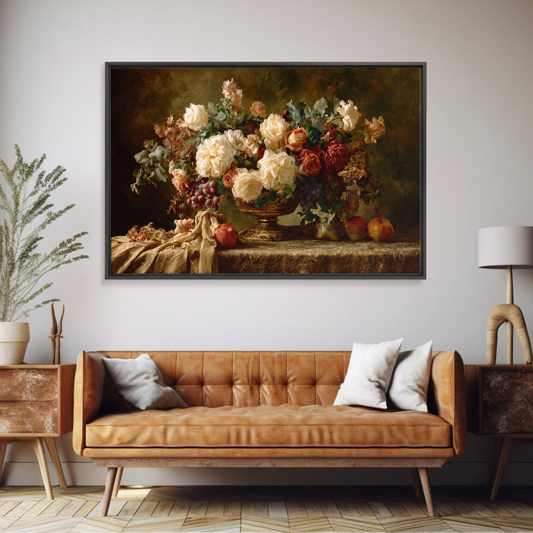 Dark Floral Arrangement Framed Canvas Print, Baroque Art, Living Room Wall Art, Living Room Decor, Ornate, Art Nouveau Decor, BAO-3x2-80