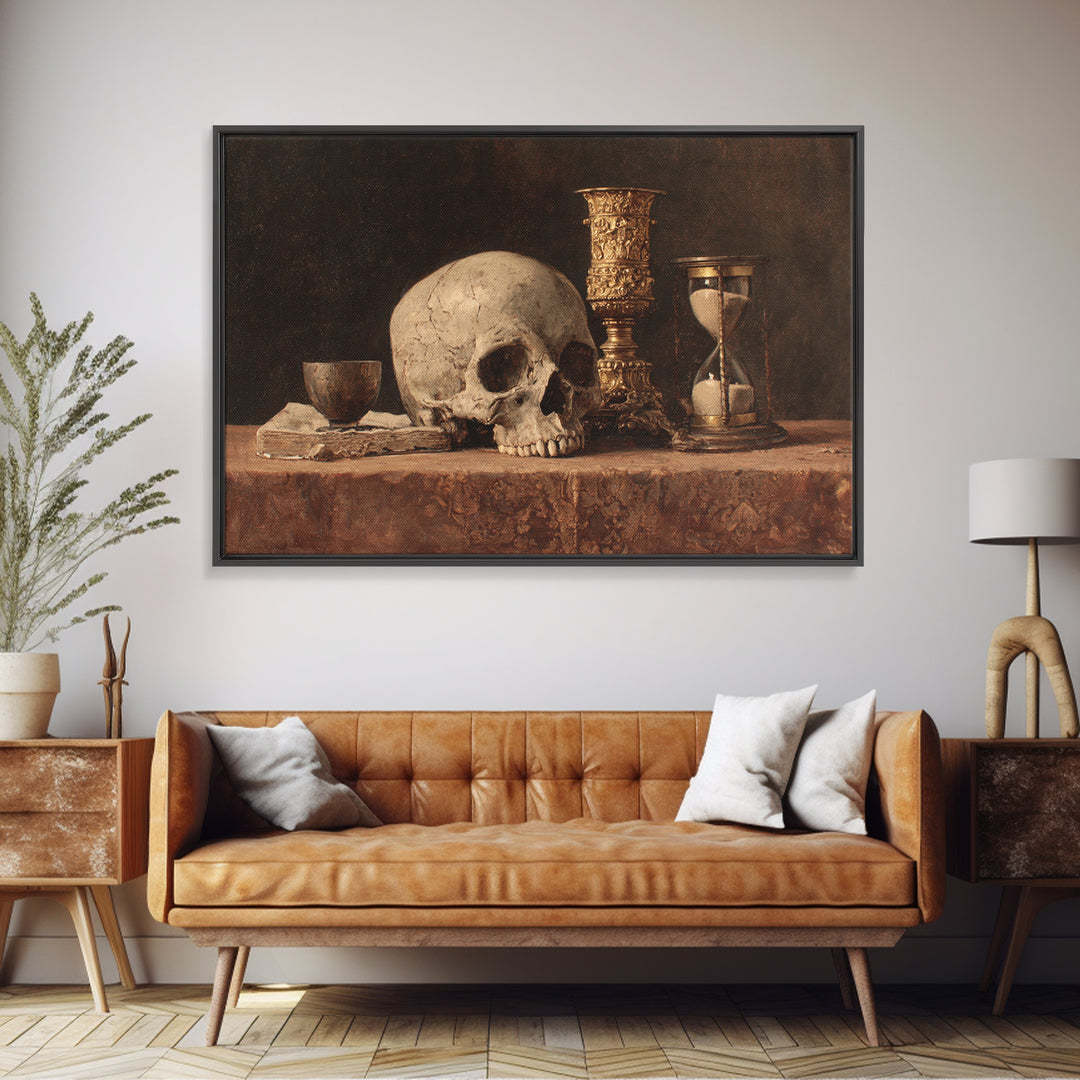 Skull and Hourglass Vanitas Still Life Framed Canvas Print, Baroque Art, Whimsical Decor, Living Room Decor, Fine Art, Ornate, BAO-3x2-81