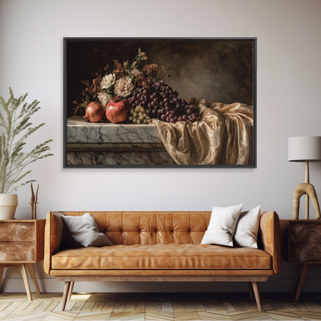Pomegranate and Grapes on a Marble Ledge Canvas Print, Baroque Art, Moody Wall Art, Living Room Decor, Fine Art, Ornate, BAO-3x2-84