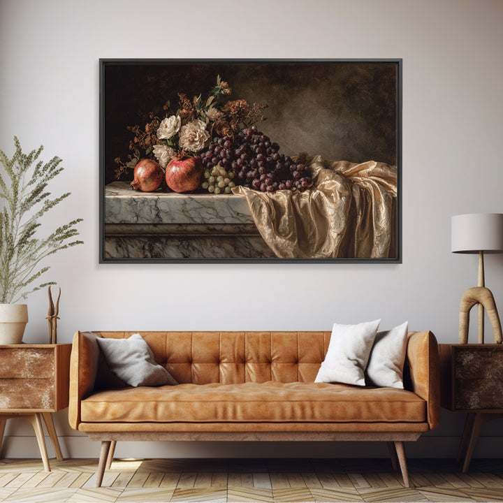 Pomegranate and Grapes on a Marble Ledge Canvas Print, Baroque Art, Moody Wall Art, Living Room Decor, Fine Art, Ornate, BAO-3x2-84