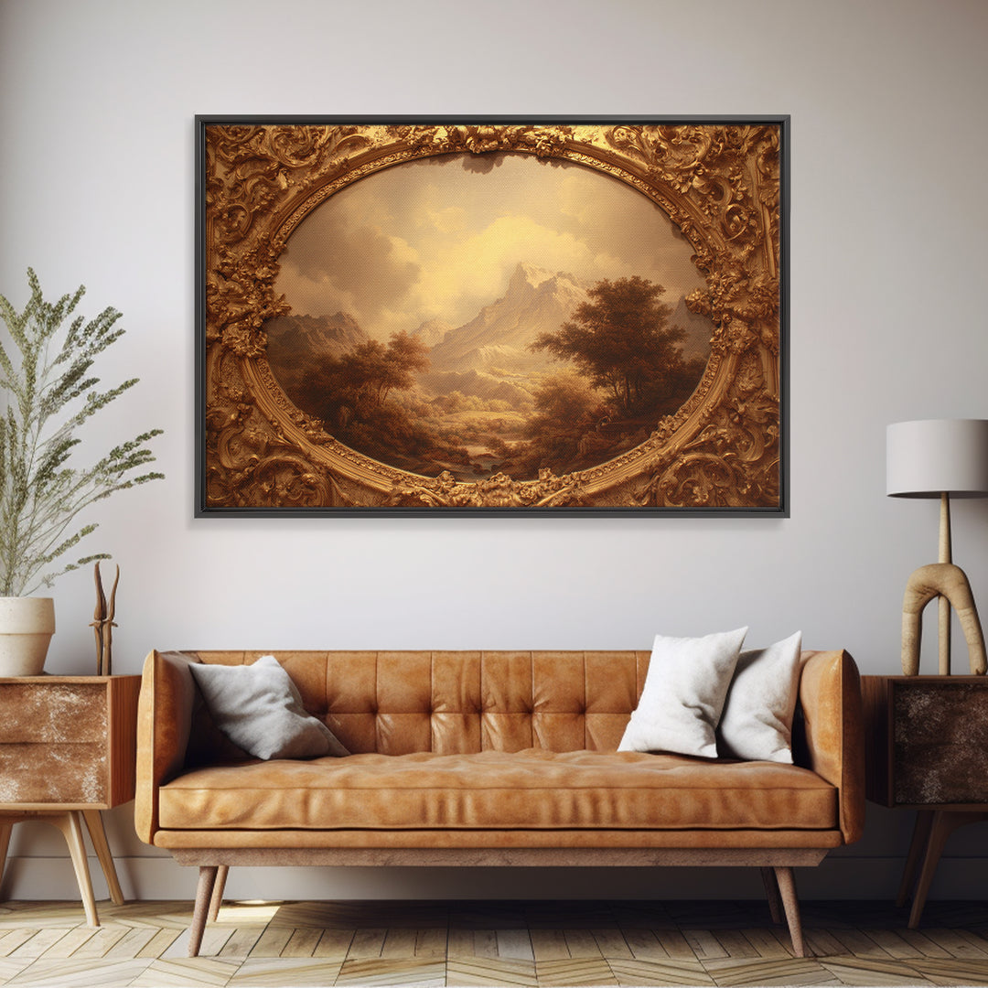 Ornate Gold Frame Illusion Around a Botanical Framed Canvas Print, Baroque Art, 3d Wall Art, Living Room Decor, Ornate, BAO-3x2-85