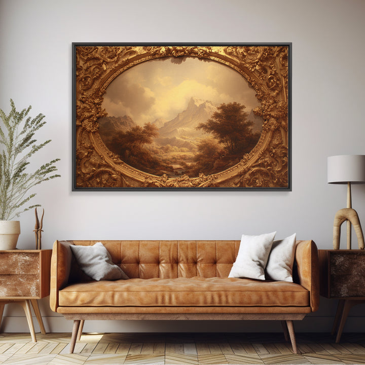 Ornate Gold Frame Illusion Around a Botanical Framed Canvas Print, Baroque Art, 3d Wall Art, Living Room Decor, Ornate, BAO-3x2-85