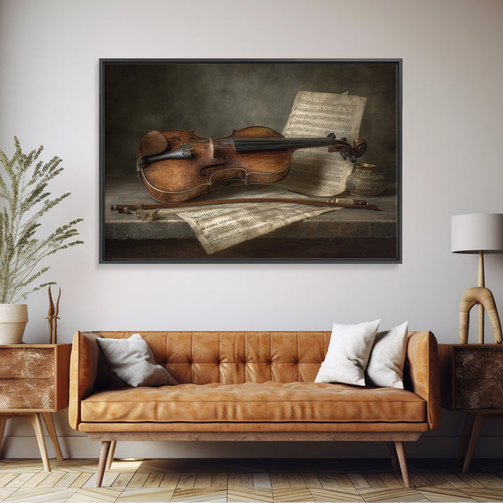 Baroque Violin and Sheet Music Still Life Framed Canvas Print, Baroque Art, Whimsical Decor, Living Room Decor, Ornate, BAO-3x2-87