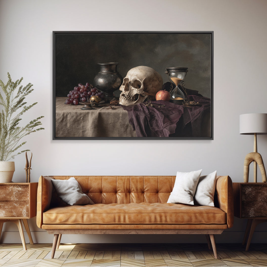 Skull and Hourglass Vanitas Still Life Framed Canvas Print, Baroque Art, Contemporary Art, Living Room Decor, Fine Art, Ornate, BAO-3x2-9