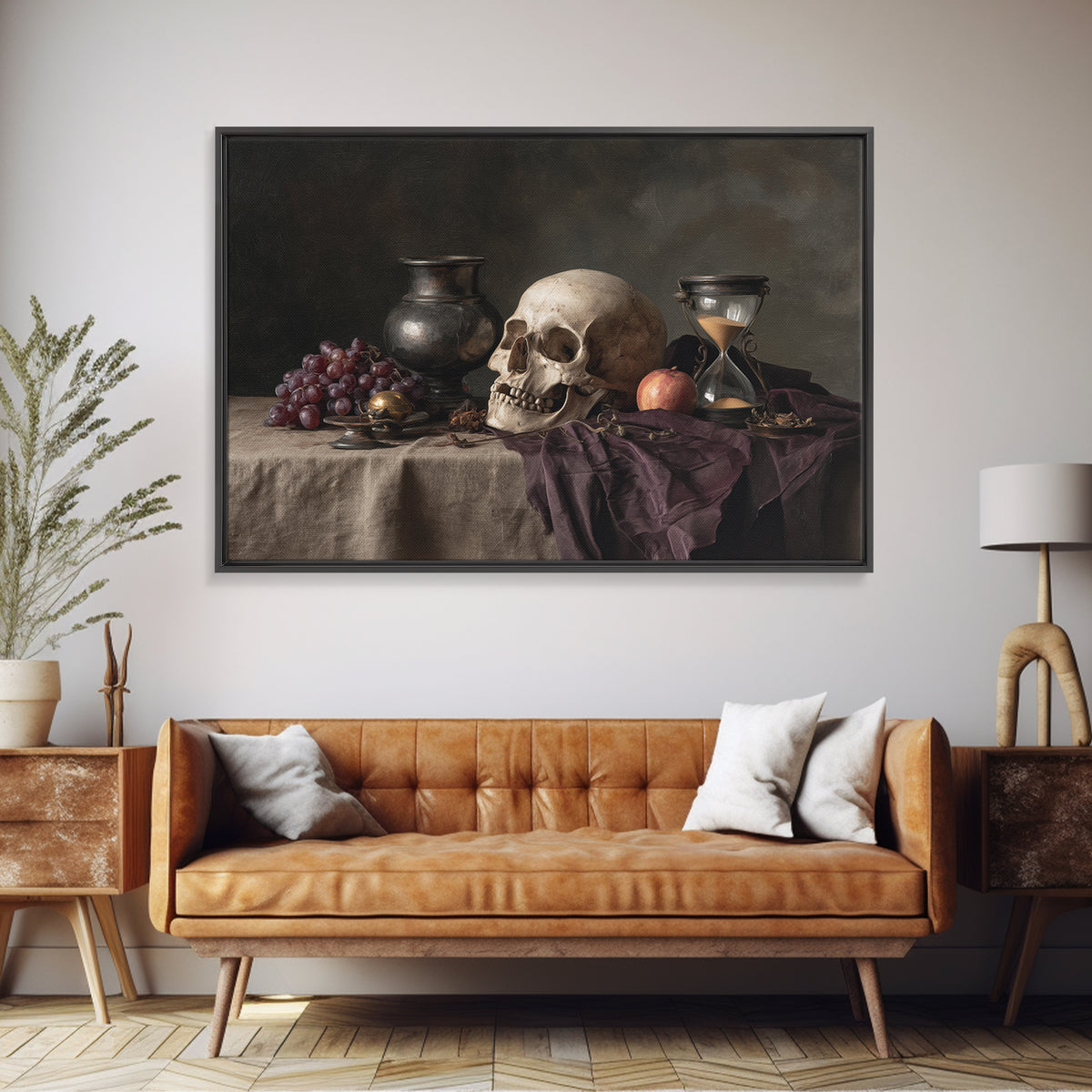 Skull and Hourglass Vanitas Still Life Framed Canvas Print, Baroque Art, Contemporary Art, Living Room Decor, Fine Art, Ornate, BAO-3x2-9