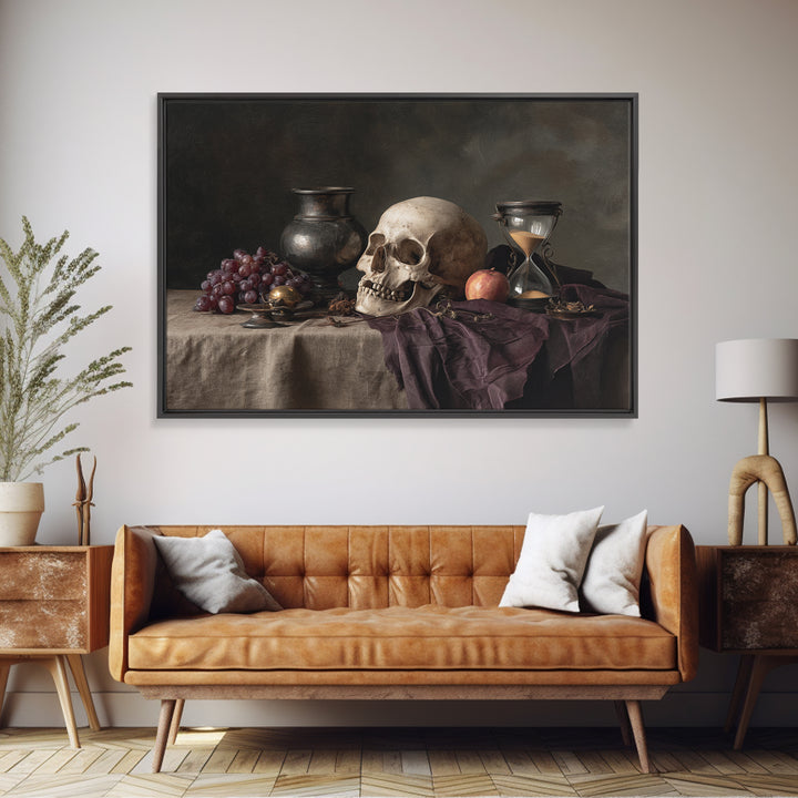 Skull and Hourglass Vanitas Still Life Framed Canvas Print, Baroque Art, Contemporary Art, Living Room Decor, Fine Art, Ornate, BAO-3x2-9