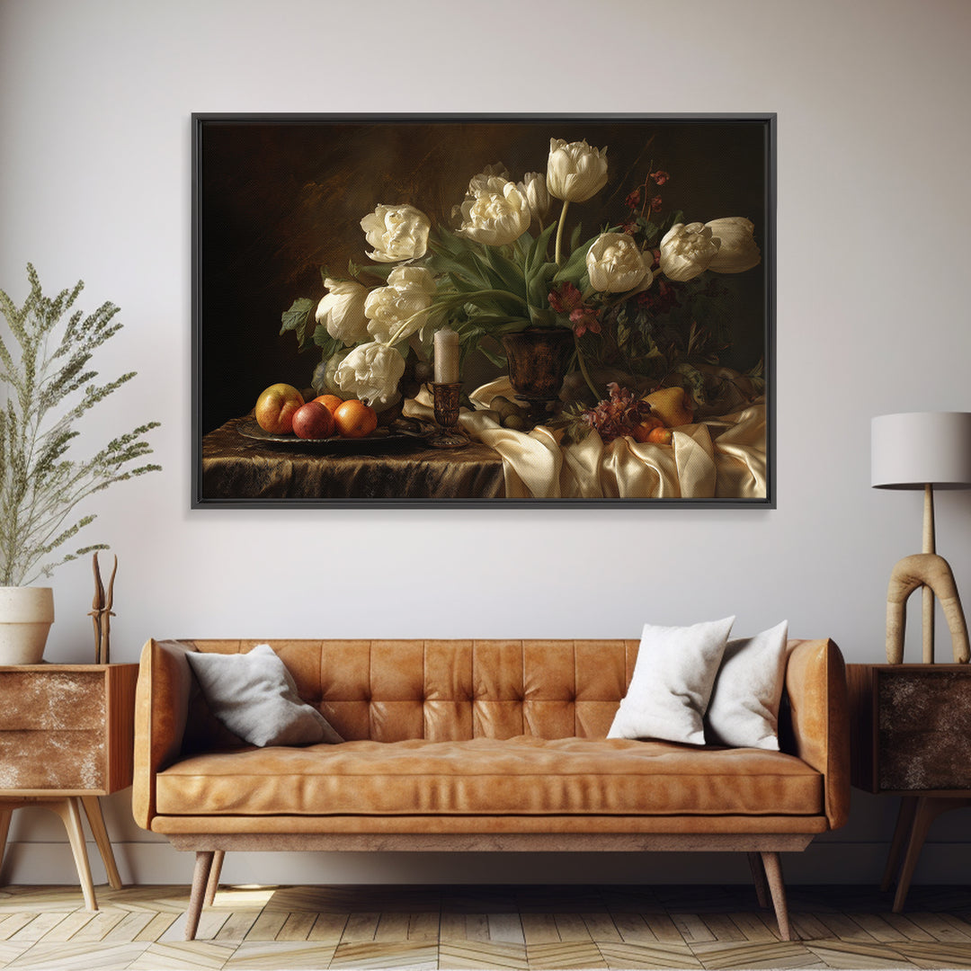 Black Background Tulips Framed Canvas Print, Baroque Art, Room Decor Aesthetic, Living Room Decor, Fine Art, Ornate, Home Decor, BAO-3x2-92