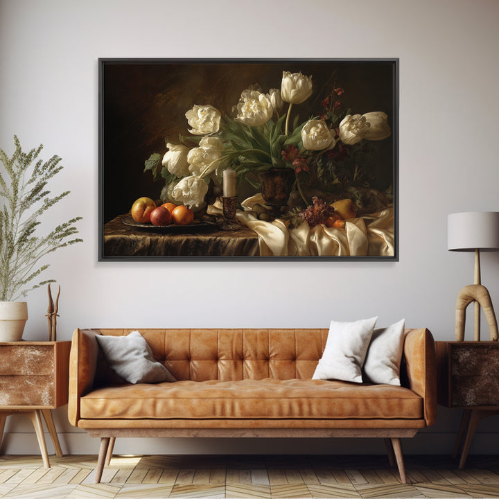 Black Background Tulips Framed Canvas Print, Baroque Art, Room Decor Aesthetic, Living Room Decor, Fine Art, Ornate, Home Decor, BAO-3x2-92