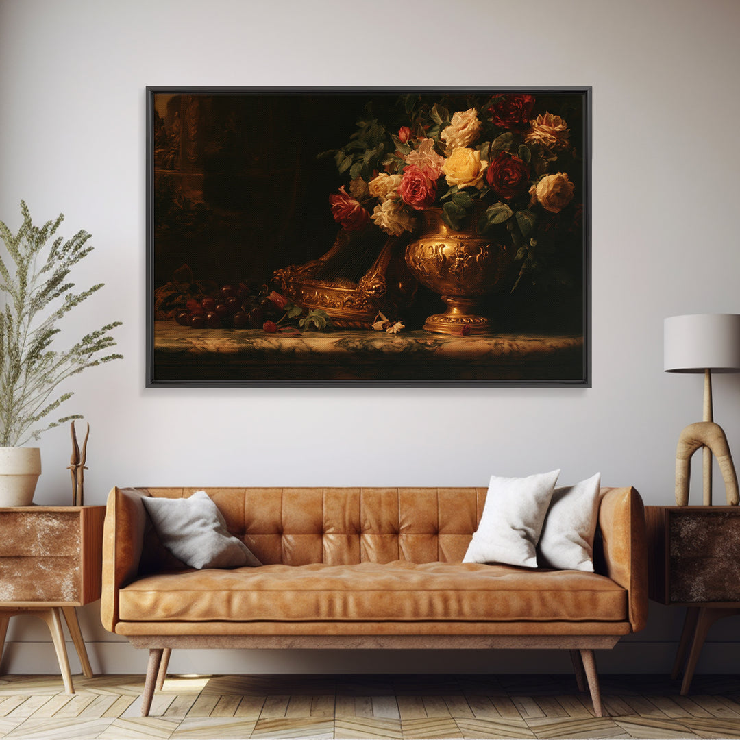 Golden Harp and Roses Canvas Print, Baroque Art, Printable Art, Living Room Decor, Abstract Art, Ornate, Gallery Wall, BAO-3x2-94