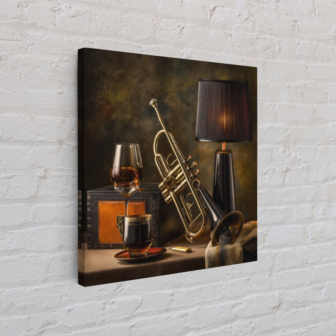 Moody Jazz Trumpet Beside a Half Full Canvas Print, Bar Art, Bar Signs, Bar Decor, Fine Art, Modern Decor, Fine Art Print, BAR-1x1-18