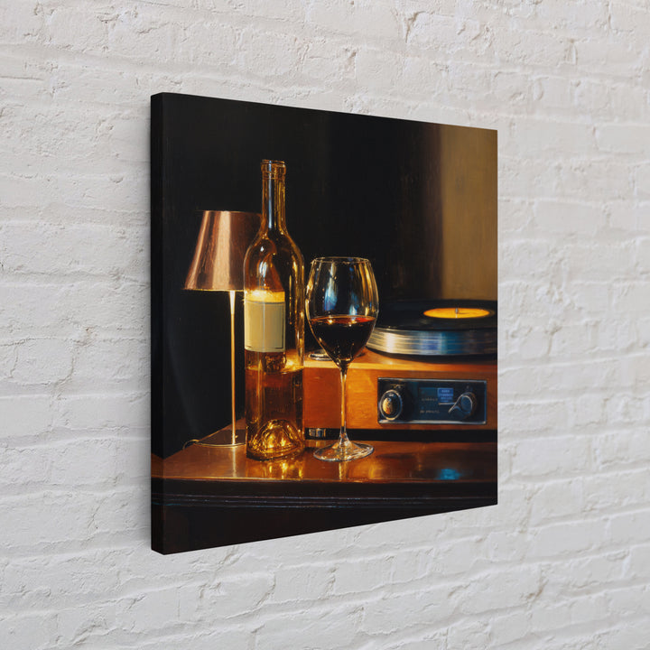 Wine and Record Player Lounge Still Life Framed Canvas Print, Bar Art, Boho Decor, Bar Decor, Oil Painting, Art Print, BAR-1x1-37