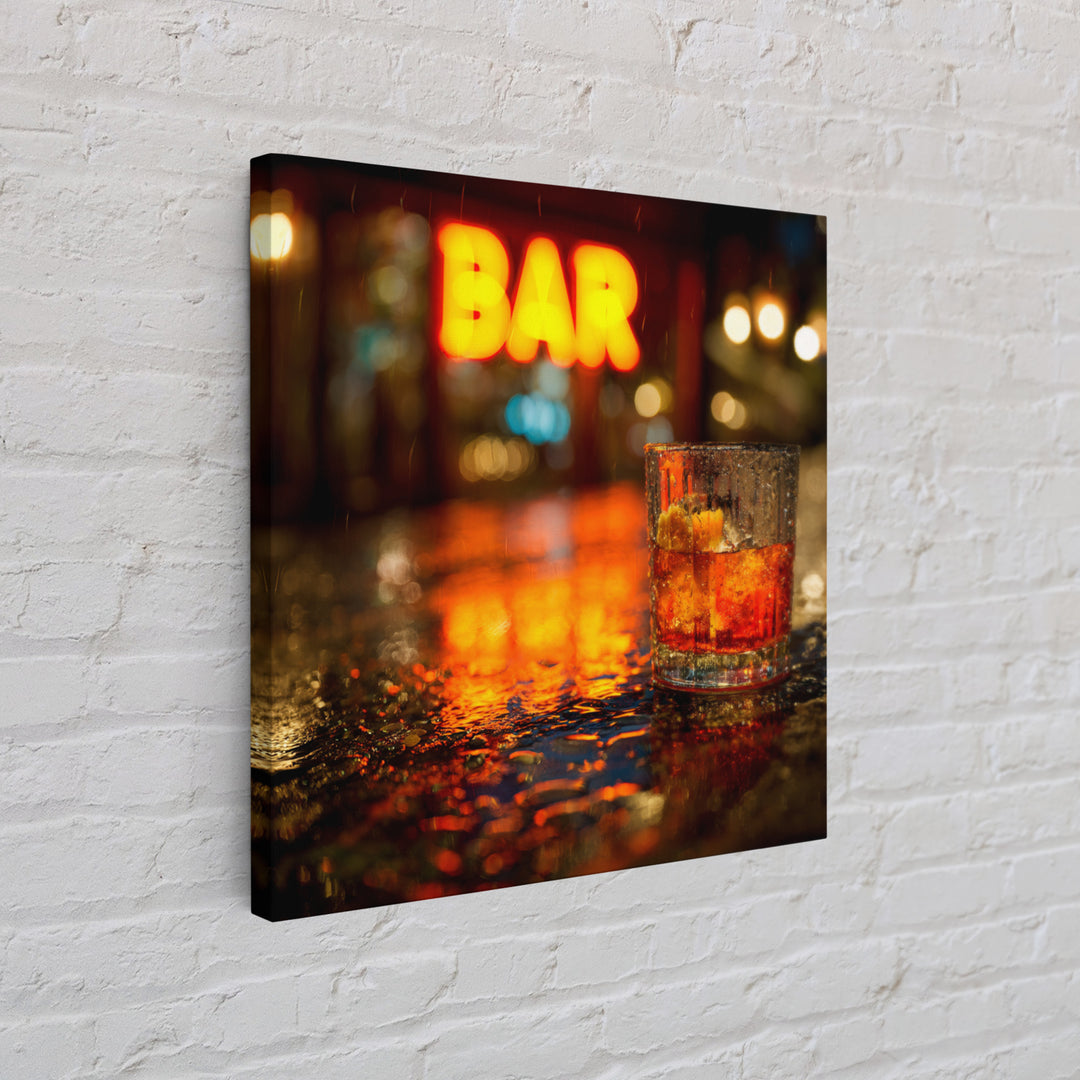 Neon Cocktail Sign Reflected Framed Canvas Print, Bar Art, Textured Painting, Bar Decor, Fine Art, Bar Cart, BAR-1x1-53