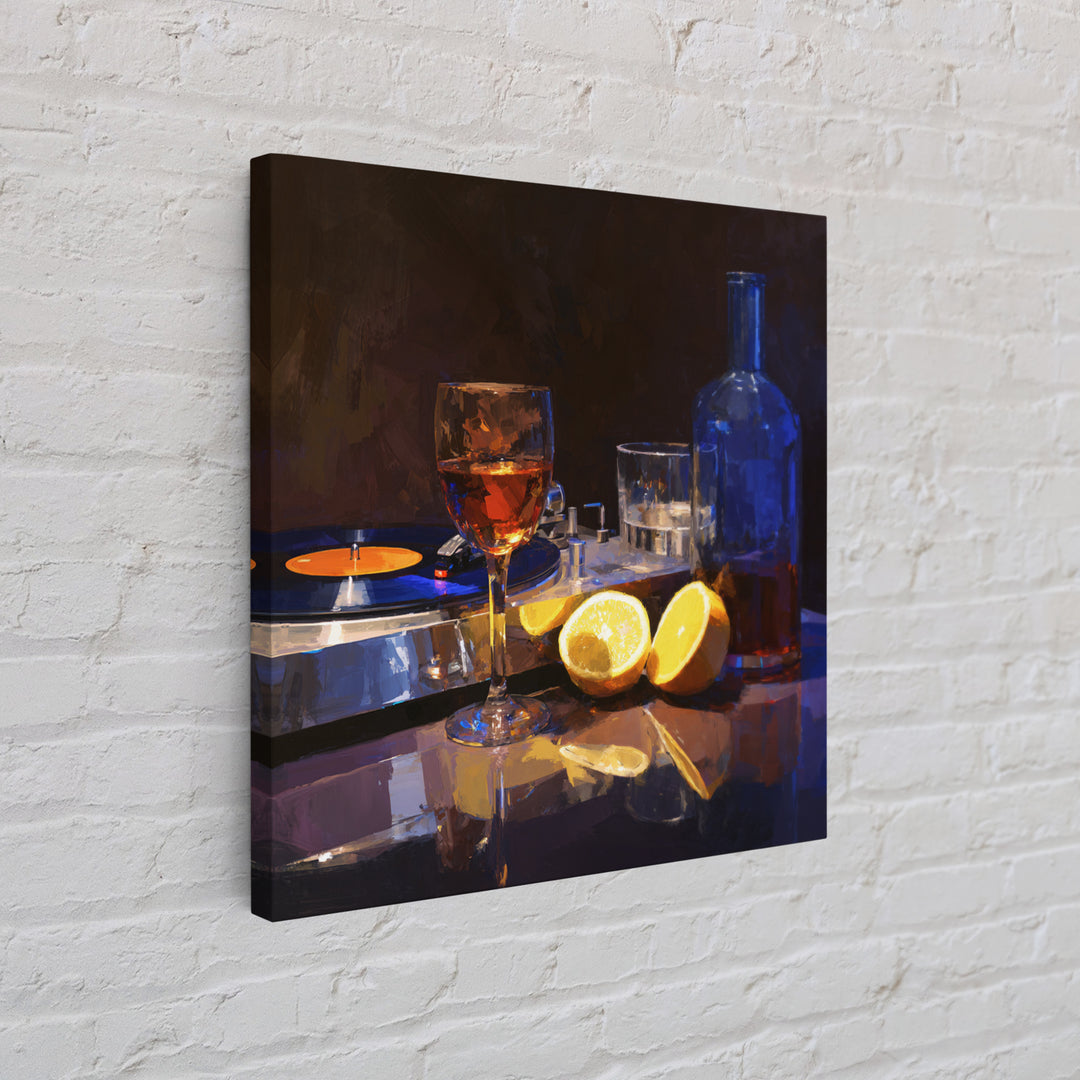 Wine and Record Player Lounge Still Life Framed Canvas Print, Bar Art, Boho Decor, Bar Decor, Oil Painting, Art Print, BAR-1x1-61