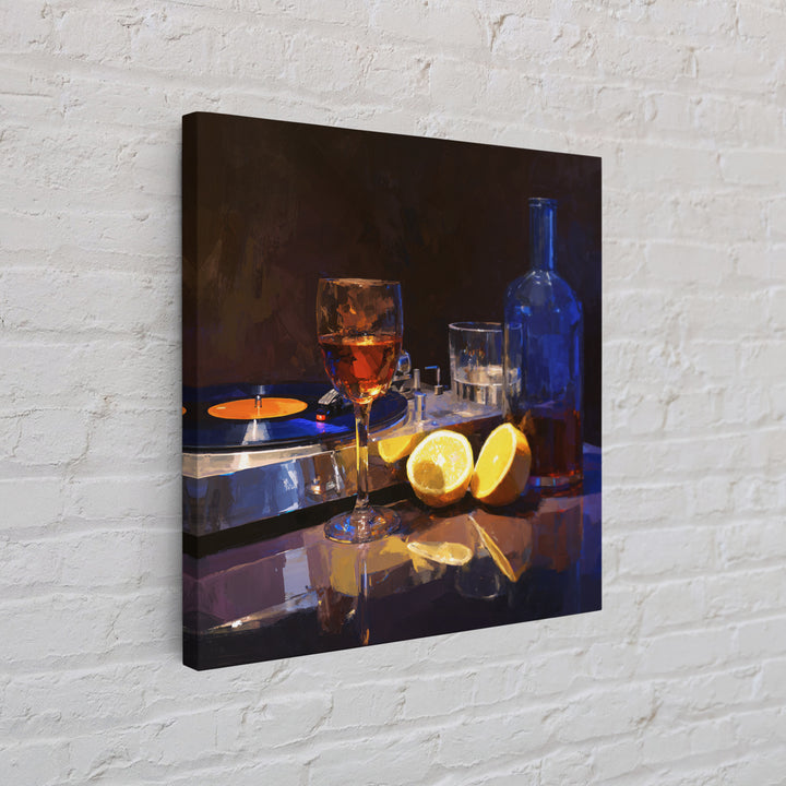 Wine and Record Player Lounge Still Life Framed Canvas Print, Bar Art, Boho Decor, Bar Decor, Oil Painting, Art Print, BAR-1x1-61