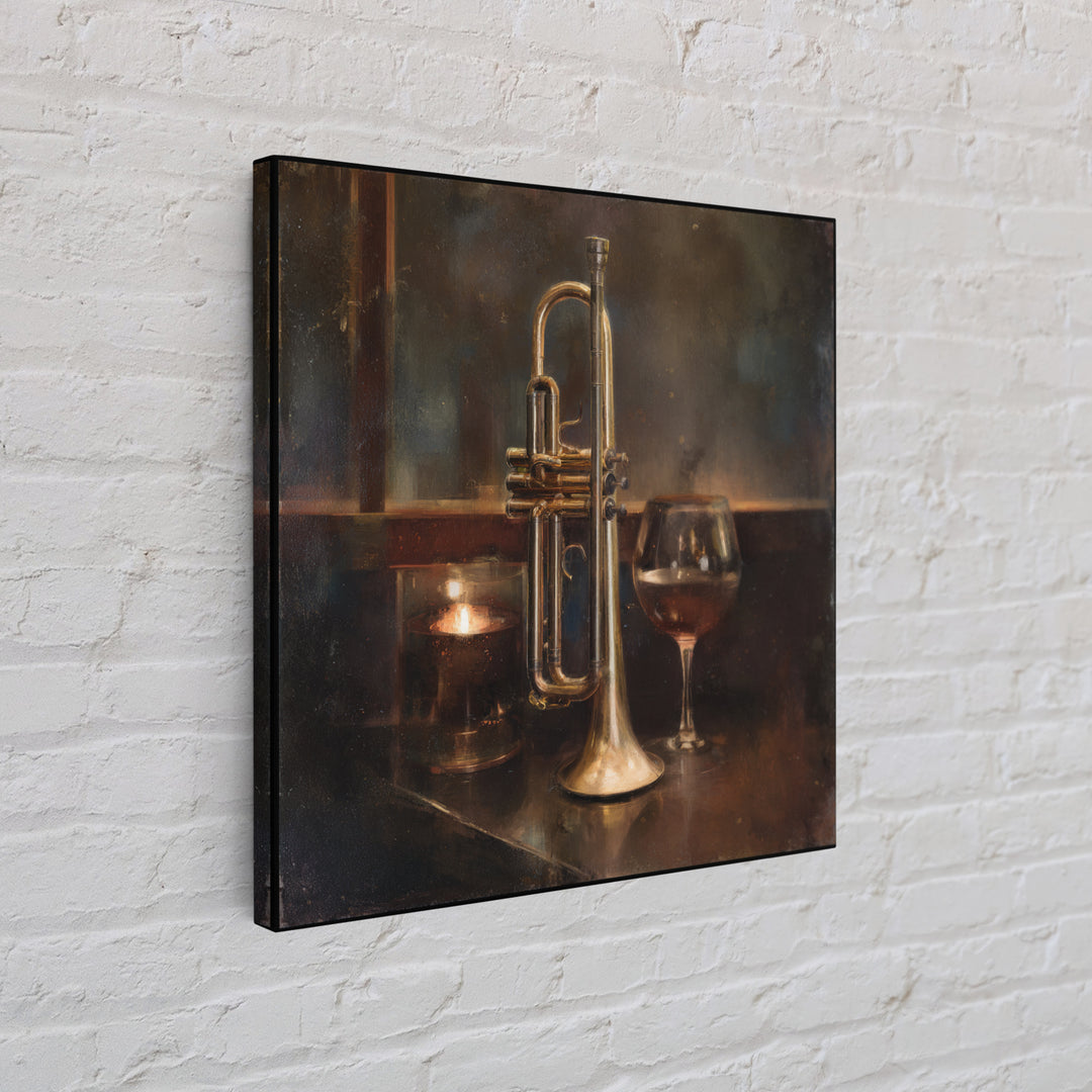 Moody Jazz Trumpet Beside a Half Full Framed Canvas Print, Bar Art, Coffee Bar, Bar Decor, Abstract Art, Room Decor, BAR-1x1-66