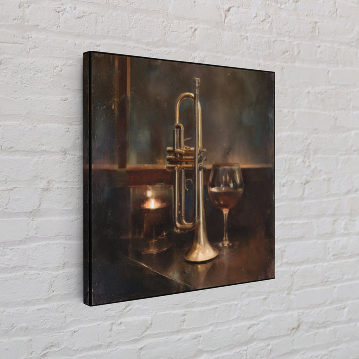 Moody Jazz Trumpet Beside a Half Full Framed Canvas Print, Bar Art, Coffee Bar, Bar Decor, Abstract Art, Room Decor, BAR-1x1-66