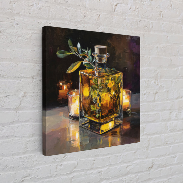 Gin Bottle with Botanicals and Juniper Branches Framed Canvas Print, Bar Art, Bar, Bar Decor, Oil Painting, Living Room Art, BAR-1x1-7