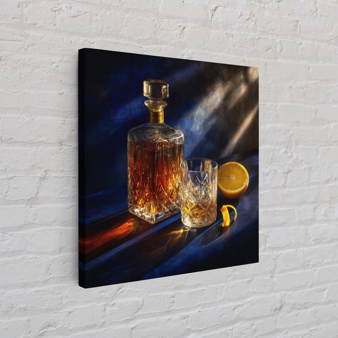 Whiskey Bottle and Cut Crystal Glass Framed Canvas Print, Bar Art, Fine Art Print, Bar Decor, Fine Art, Metal Wall Art, BAR-1x1-74