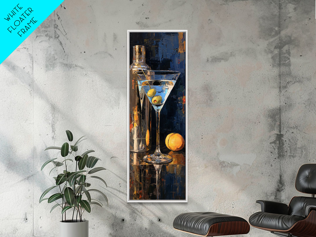 Martini Glass with Olive on a Black Framed Canvas Print, Bar Art, Apartment Decor, Bar Decor, Abstract Art, Living Room Art, BAR-1x3-15