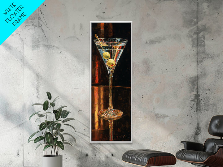 Martini Glass with Olive on a Black Canvas Print, Bar Art, Bar Cart Decor, Bar Decor, Oil Painting, Minimalist Decor, BAR-1x3-63