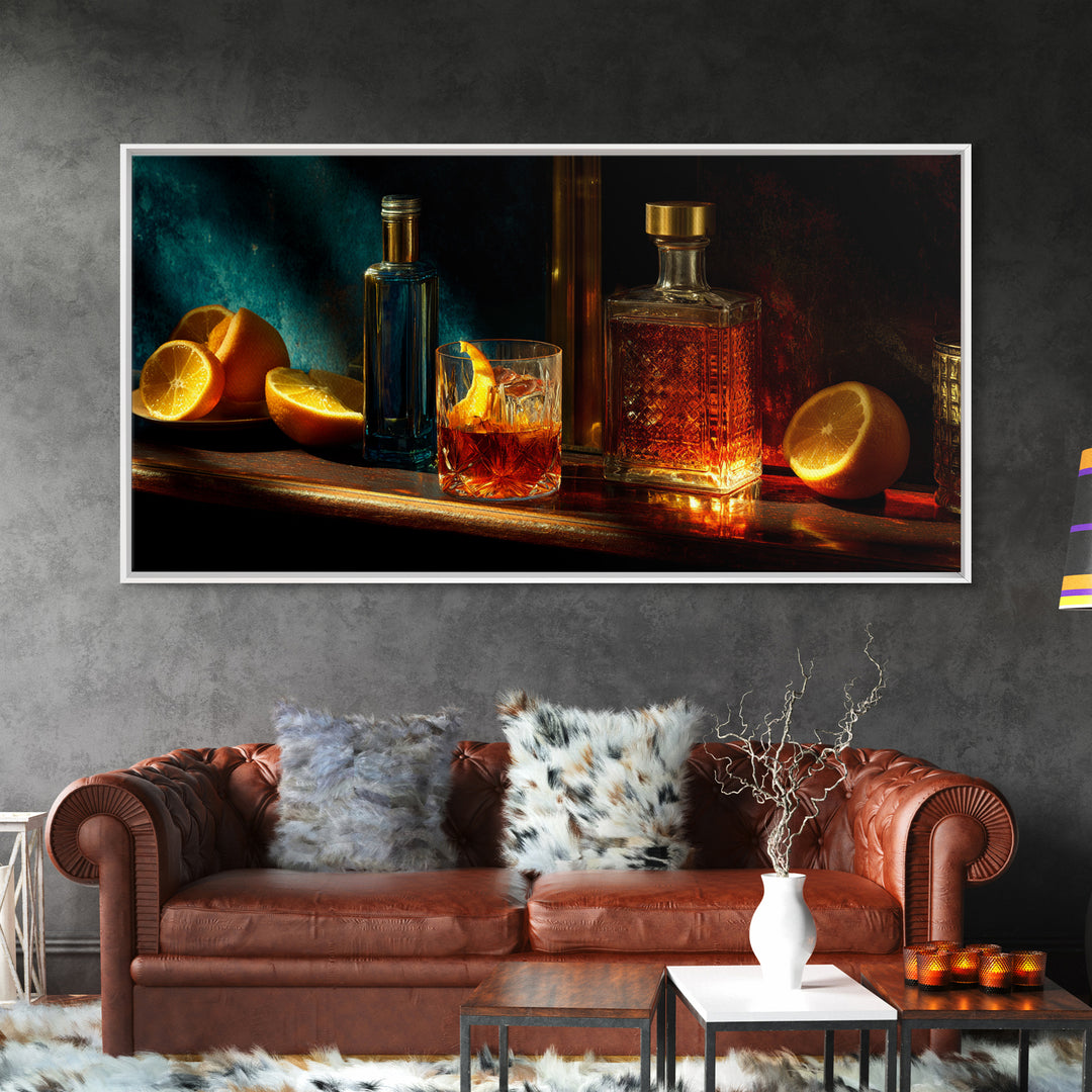 Midnight Manhattan Cocktail Framed Canvas Print, Bar Art, Statement Artwork, Bar Decor, Fine Art, Art Print, BAR-2x1-20