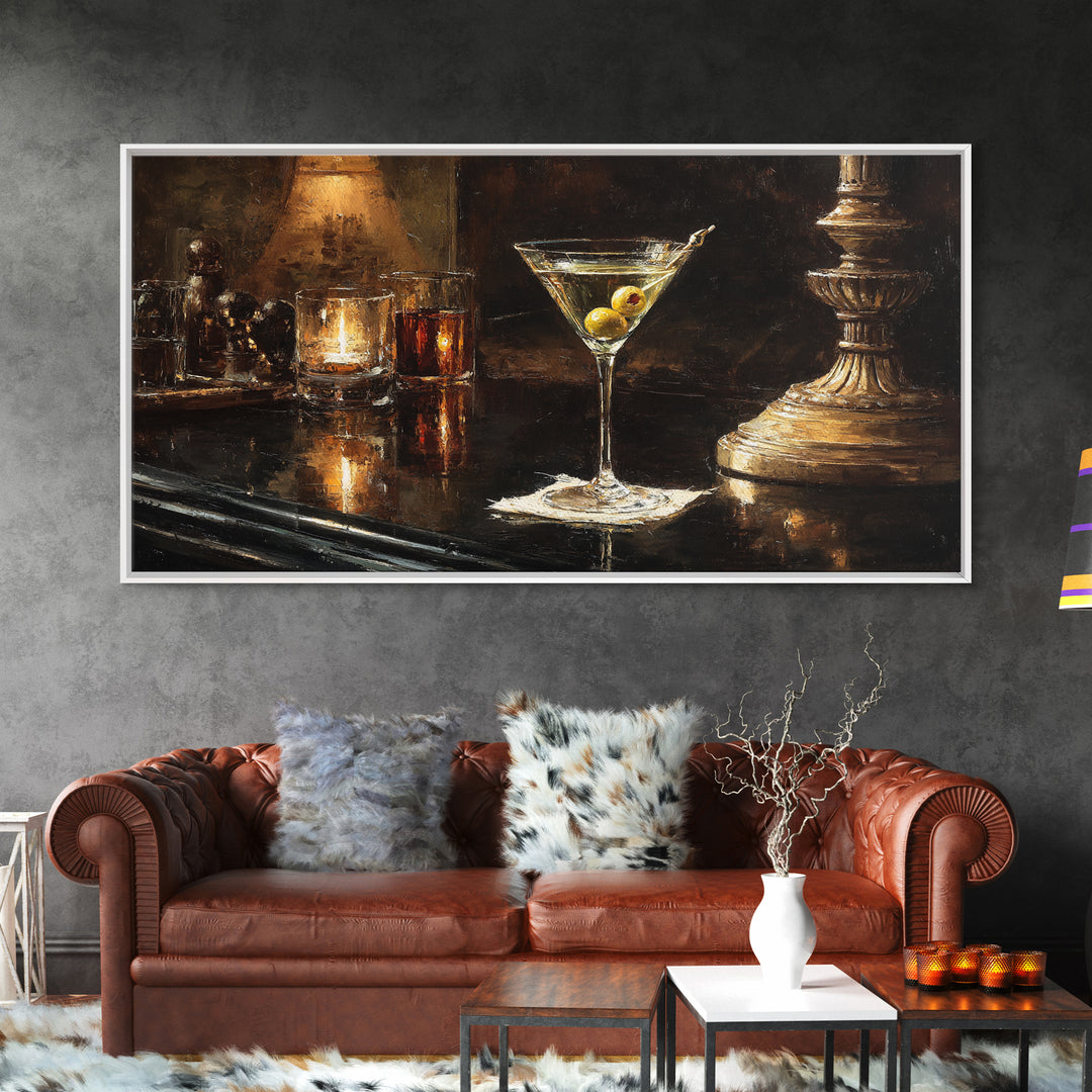 Martini Glass with Olive on a Black Framed Canvas Print, Bar Art, Bar Cart, Bar Decor, Watercolor Art, Kitchen Print, BAR-2x1-23