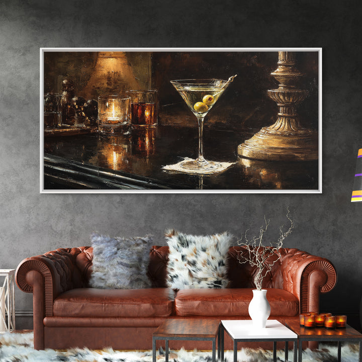 Martini Glass with Olive on a Black Framed Canvas Print, Bar Art, Bar Cart, Bar Decor, Watercolor Art, Kitchen Print, BAR-2x1-23