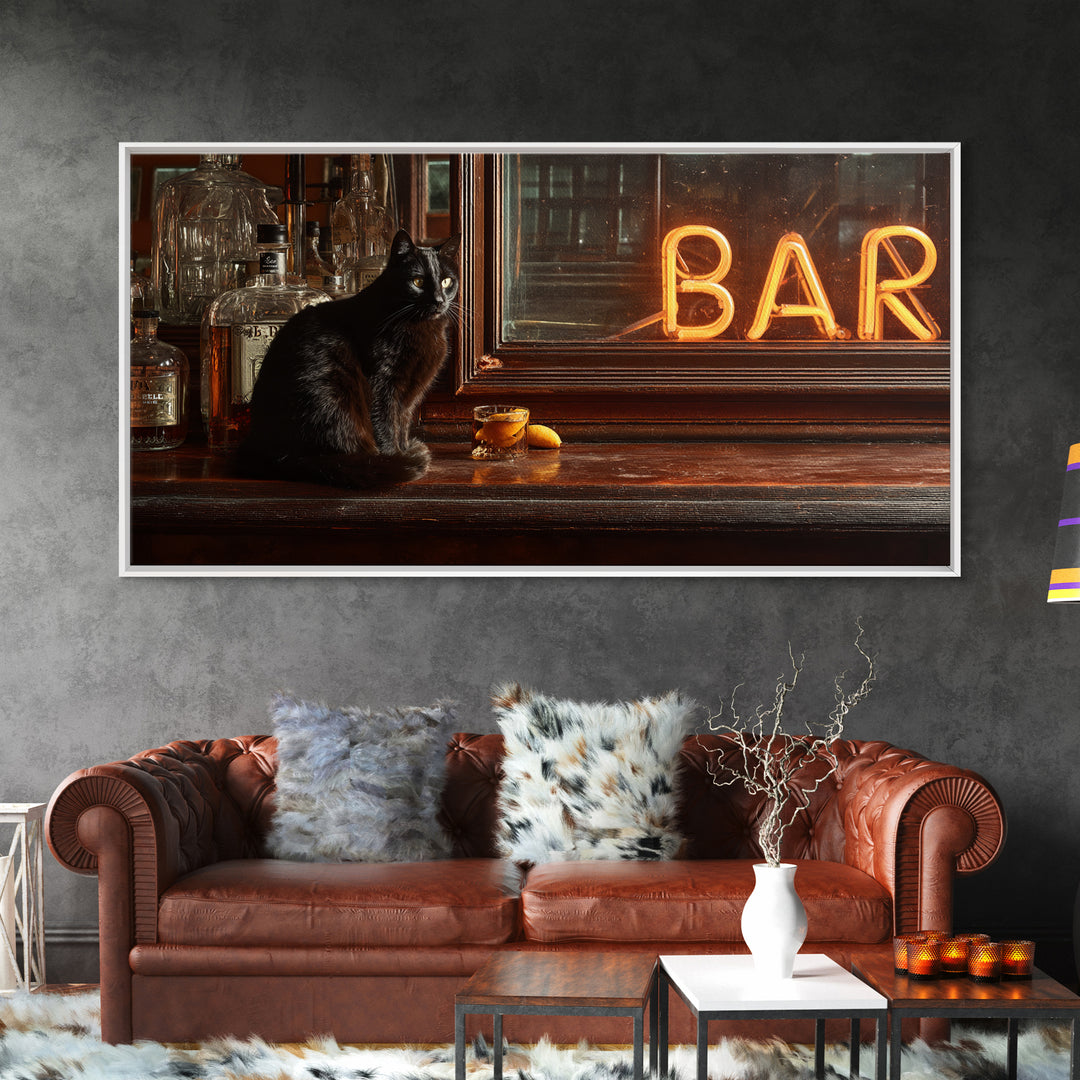 Black Cat Beside a Glowing Bar Neon Framed Canvas Print, Bar Art, Contemporary Art, Bar Decor, Fine Art, Apartment Decor, BAR-2x1-34