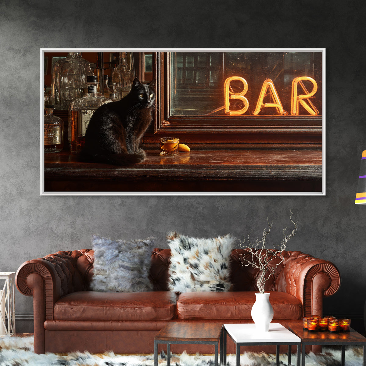 Black Cat Beside a Glowing Bar Neon Framed Canvas Print, Bar Art, Contemporary Art, Bar Decor, Fine Art, Apartment Decor, BAR-2x1-34
