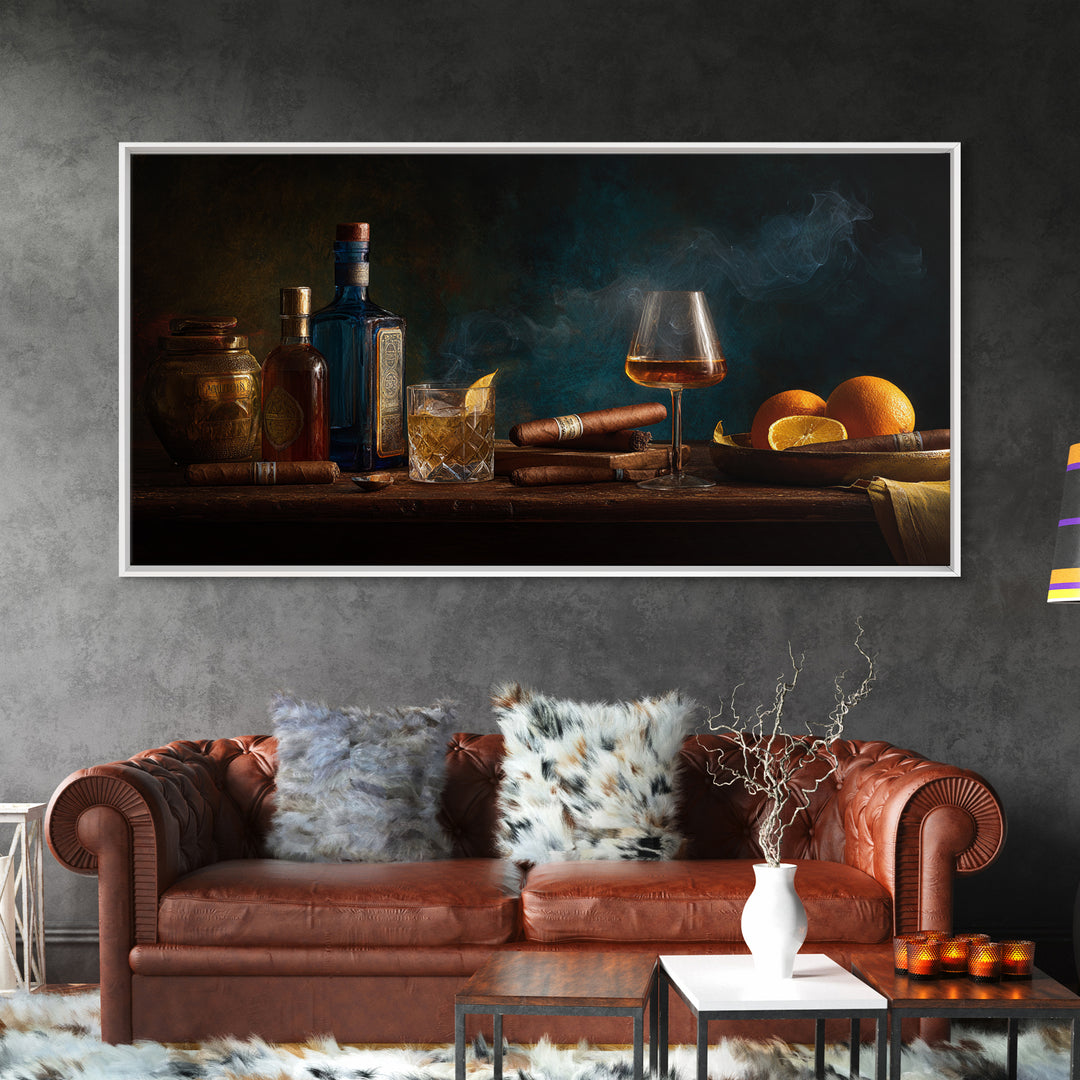 Dark Moody Cigar and Whiskey Still Life Framed Canvas Print, Bar Art, Bar Cart, Bar Decor, Watercolor Art, Kitchen Print, BAR-2x1-5