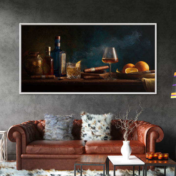 Dark Moody Cigar and Whiskey Still Life Framed Canvas Print, Bar Art, Bar Cart, Bar Decor, Watercolor Art, Kitchen Print, BAR-2x1-5